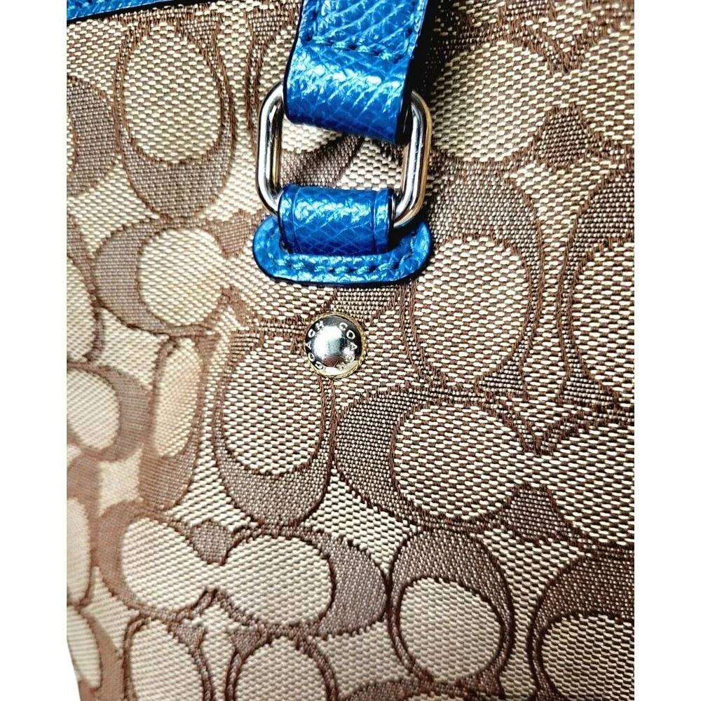 Coach Khaki Canvas Blue Leather Monogram Signature Tote Shoulder Bag Purse